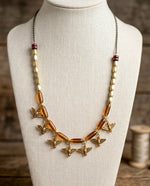 Antique Brass Eagle Bird Fringe Amber Bead Necklace
