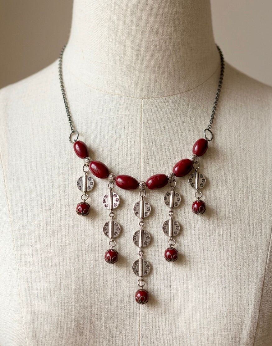 Oxidised Disc Fringe Maroon Bead Necklace