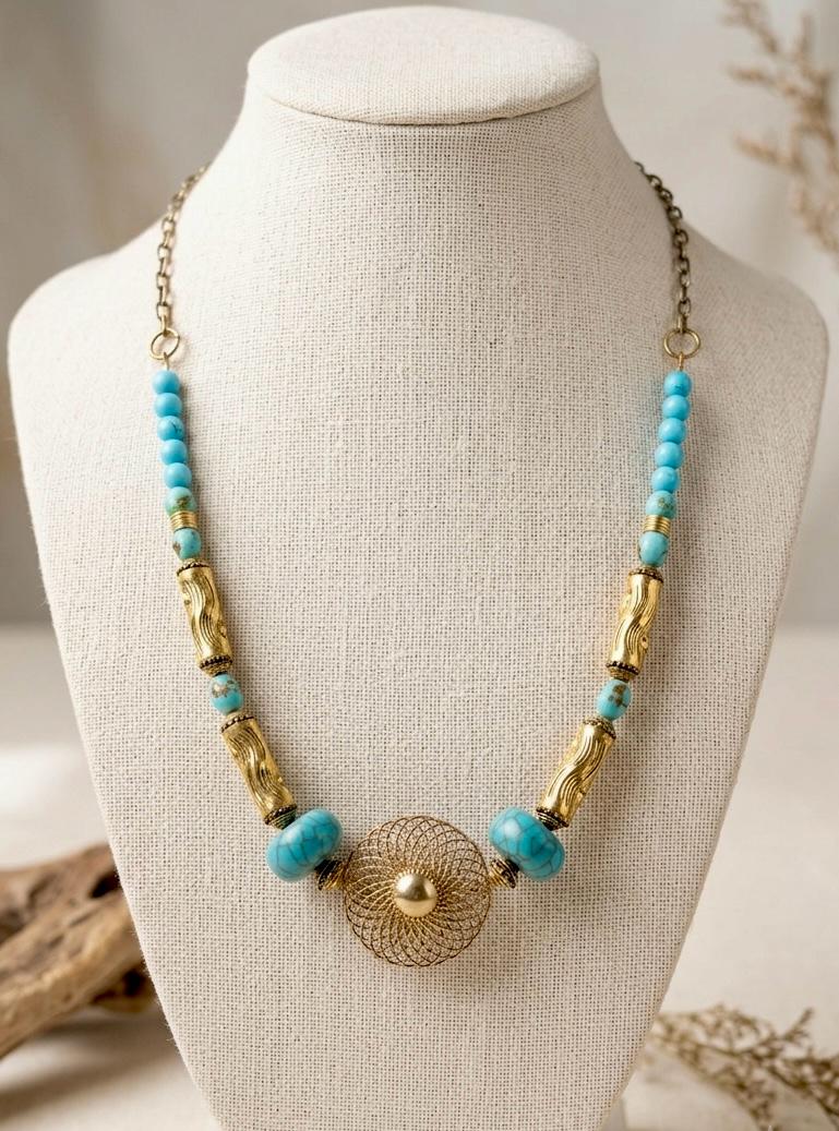 Mahira Turquoise & Gold Spiral Pendant Necklace