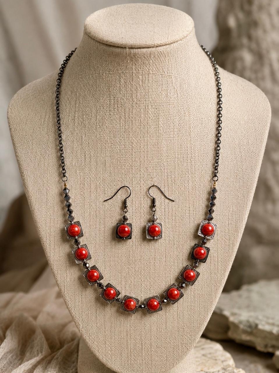 Surkhi Oxidised Silver Coral Stone Necklace Set