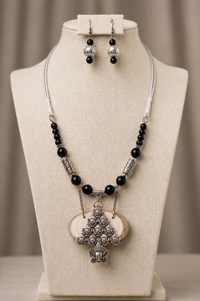Gulnaar Oxidised Silver Filigree Bead Necklace Set