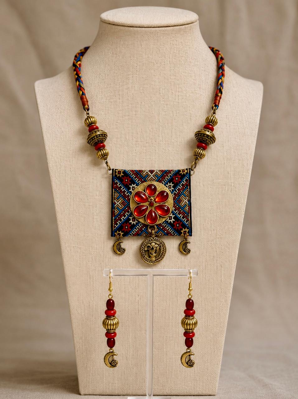 Banjara Red Enamel Square Pendant Tribal Necklace Set for Women