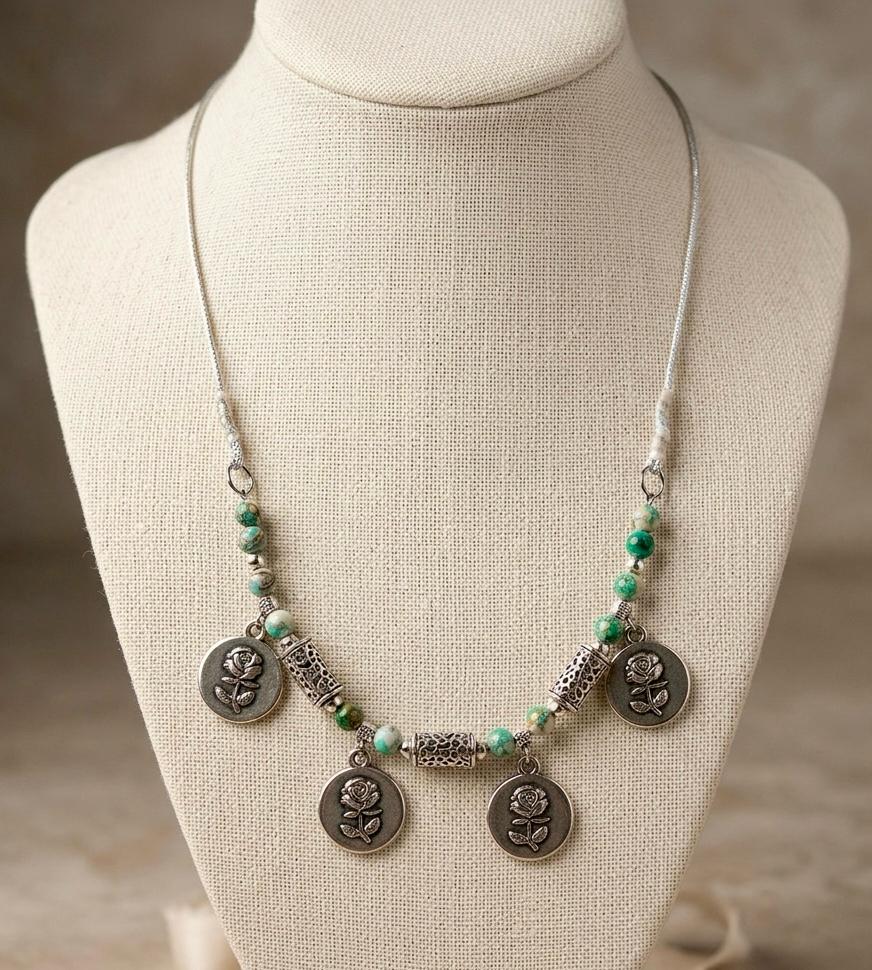 Rukhsar Rose Motif Silver Charm Necklace