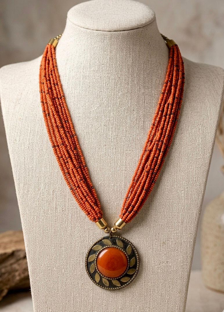 Amber Carnelian Seed Bead Multi-Strand Necklace
