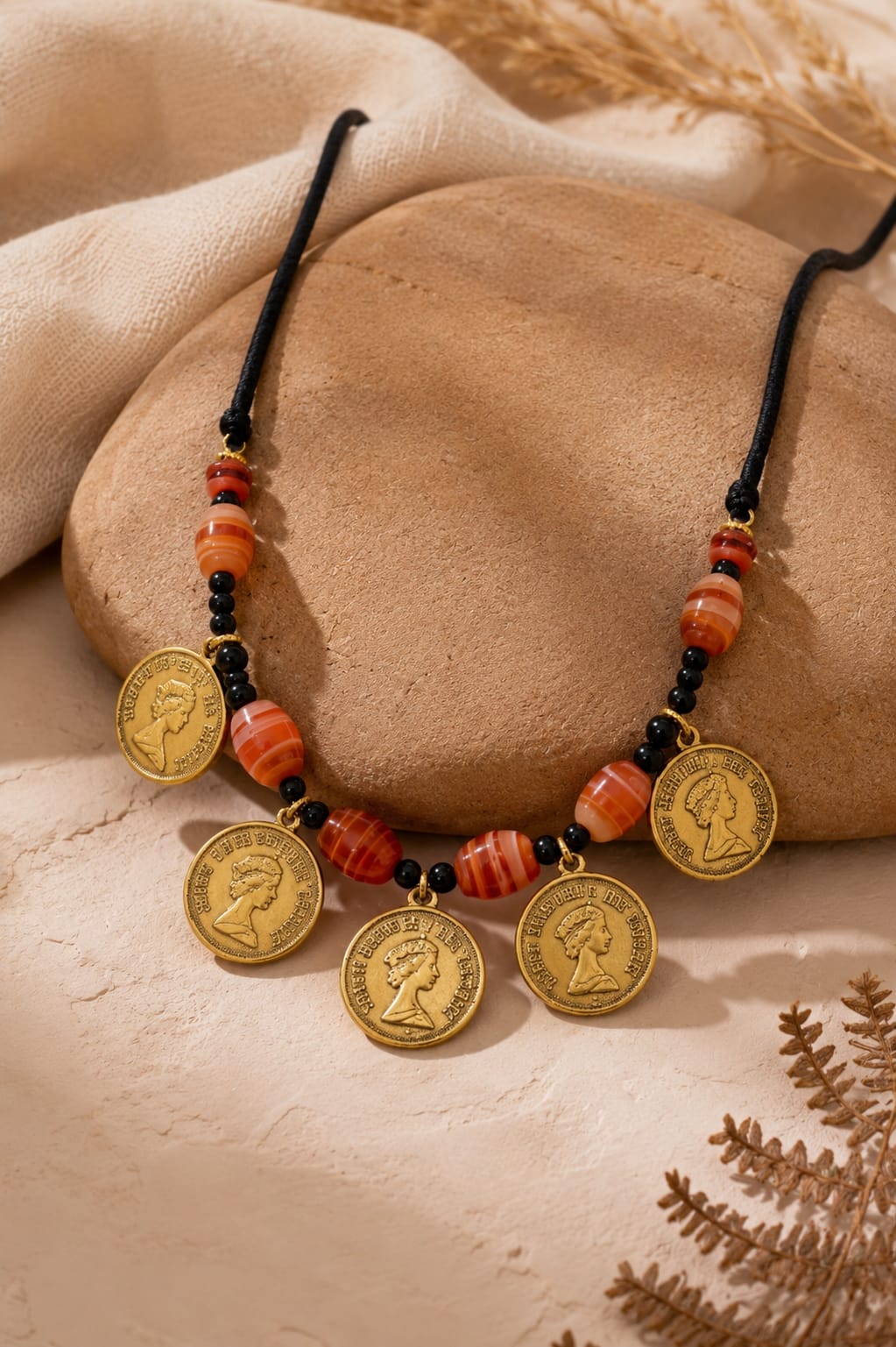 Queen's Gold Coin Carnelian Bead Necklace