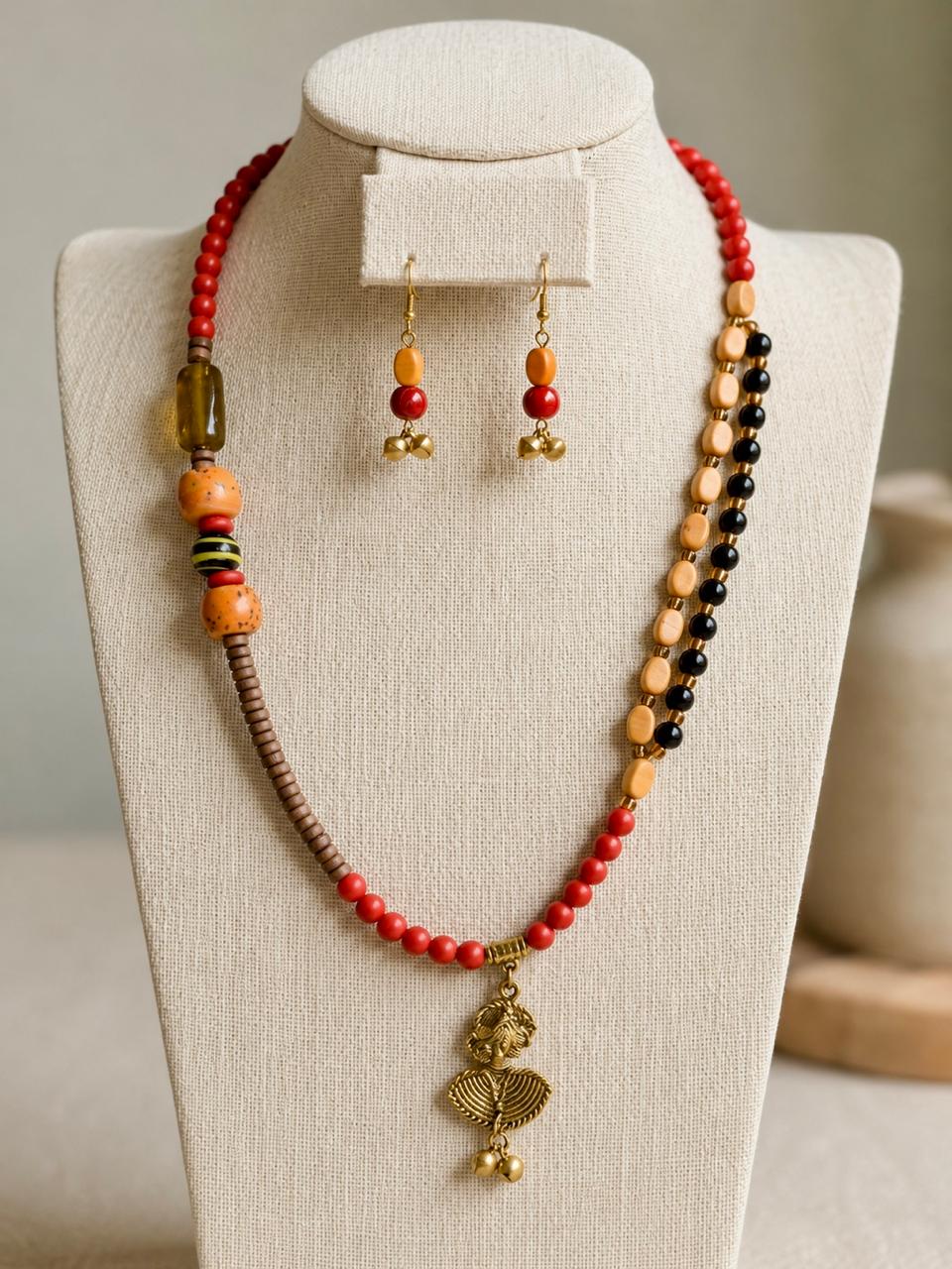 Kausar Long Multicolour Bead Pendant Necklace Set
