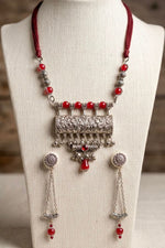 Oxidised Cylinder Amulet Coral Bead Tassel Necklace