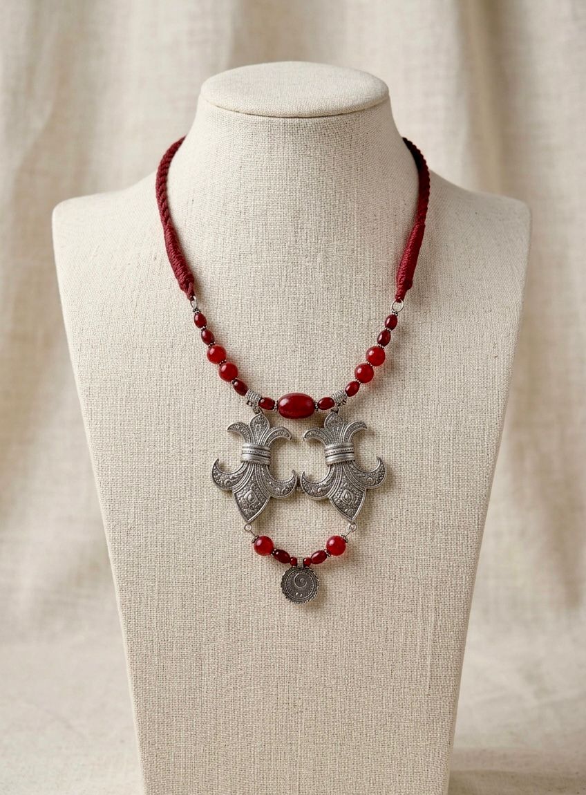 Oxidised Silver Fleur Crescent Coral Bead Necklace