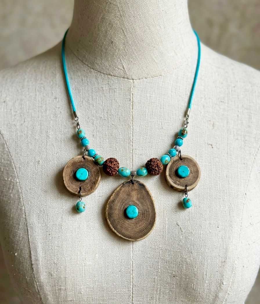 Tibetan Wood Ring Turquoise Rudraksha Bead Necklace
