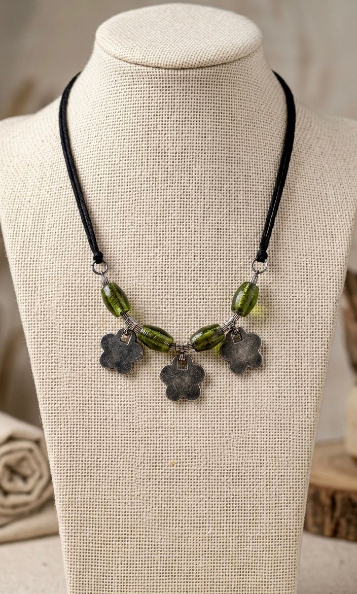 Shell Mother-of-Pearl Flower Olive Glass Bead Necklace