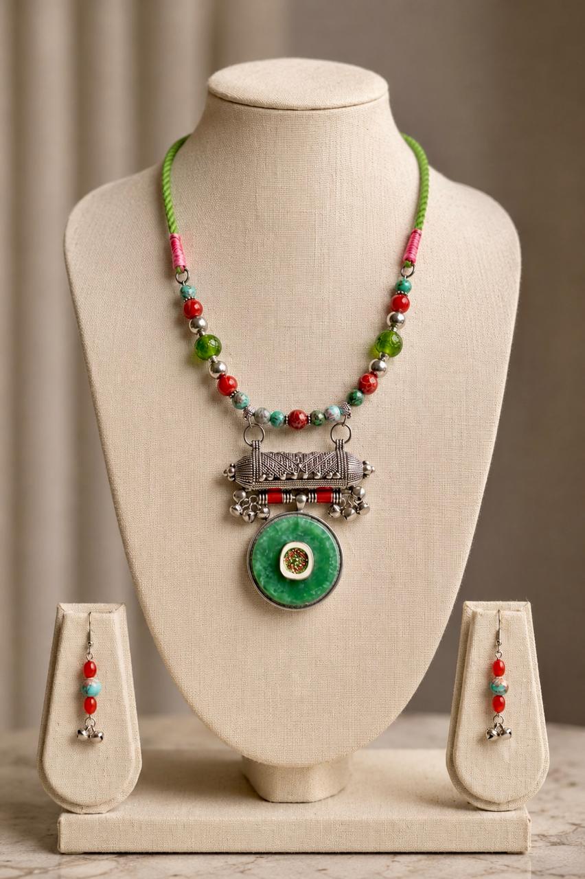 Meher Silver Multicolour Amulet Pendant Necklace Set