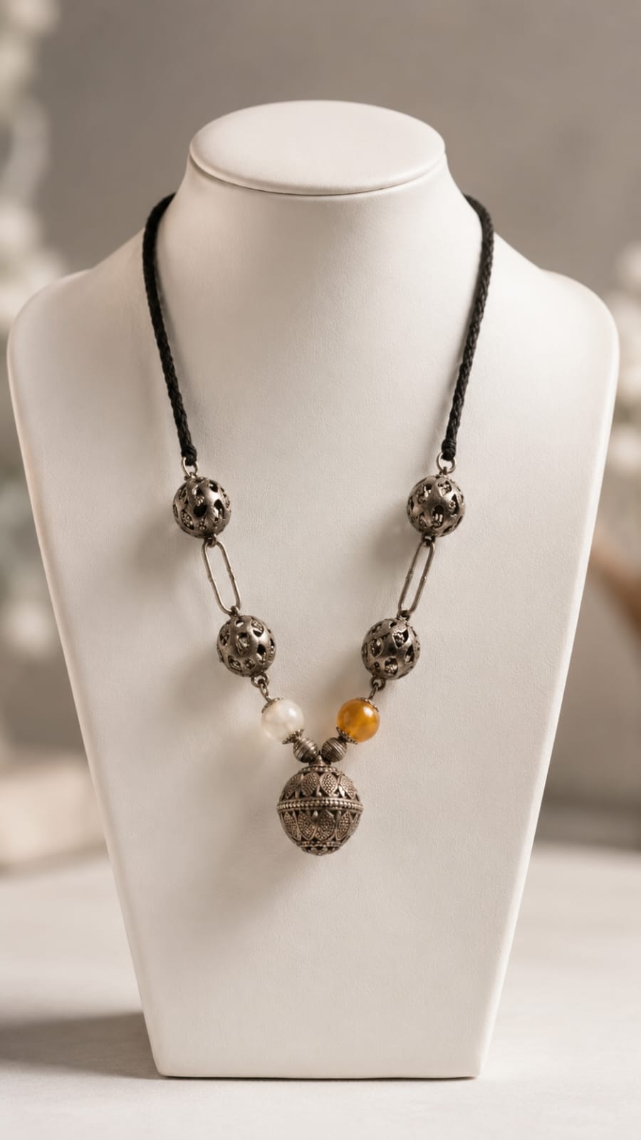 Oxidised Silver Filigree Dome Amber Bead Necklace