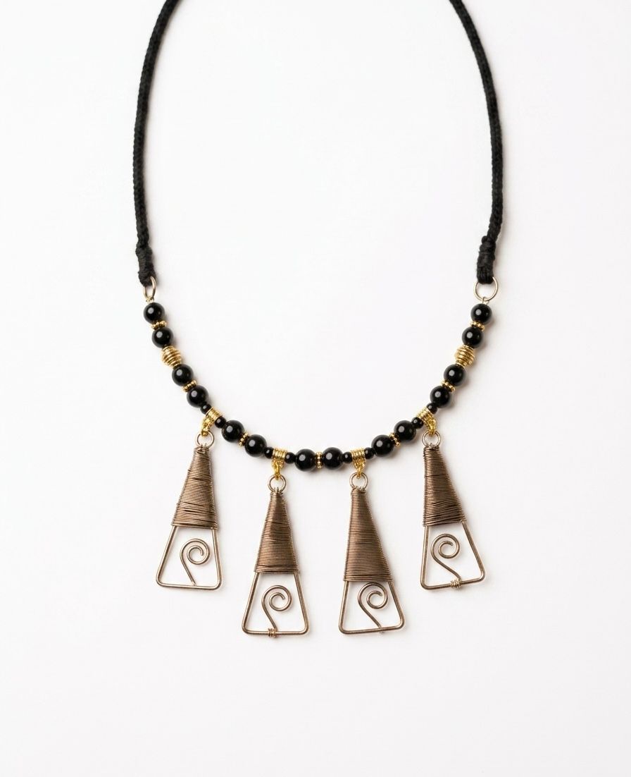 Brass Wire-Wrap Pyramid Fringe Onyx Bead Necklace