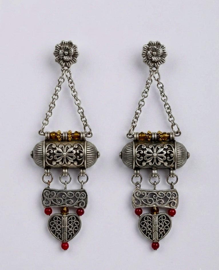 Taveez Oxidised Silver Amulet Chandelier Earrings