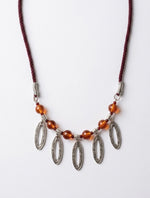 Silver Oval Frame Fringe Amber Glass Bead Necklace