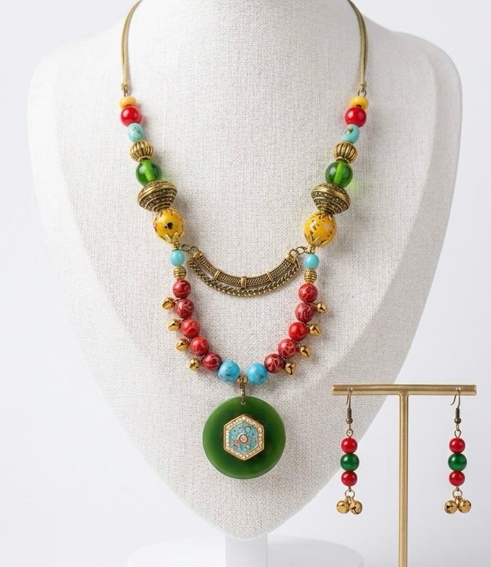 Rangoli Multicolour Beaded Green Medallion Tribal Necklace Set for Women