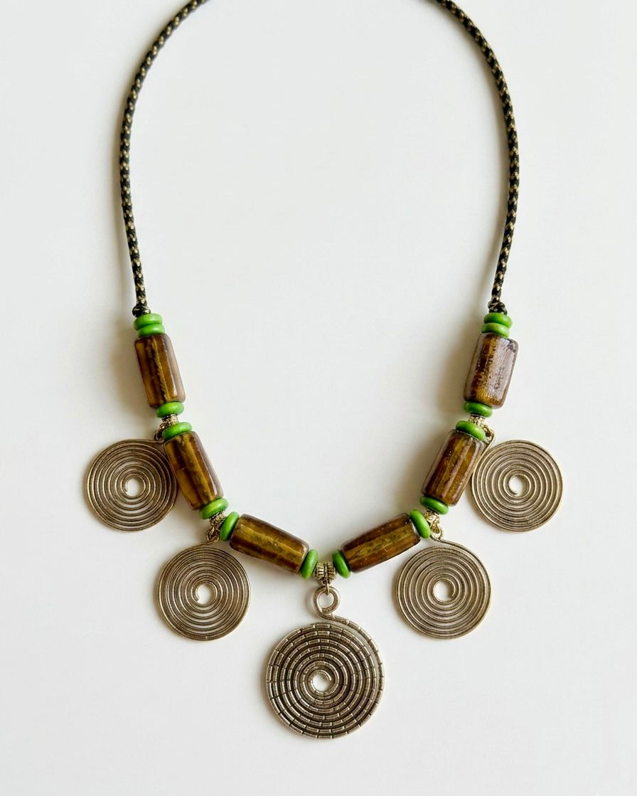 Brass Spiral Disc Dark Wood Bead Necklace