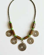 Brass Spiral Disc Dark Wood Bead Necklace