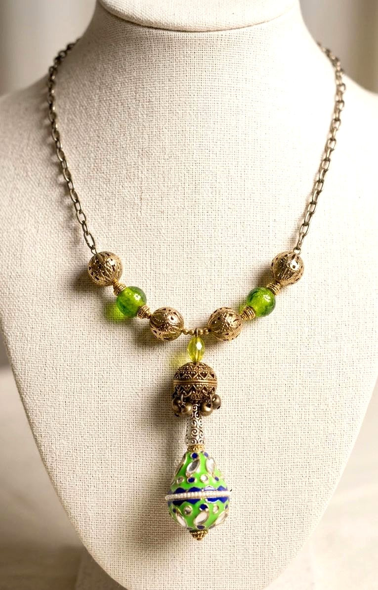 Emerald Enamel Teapot Statement Necklace