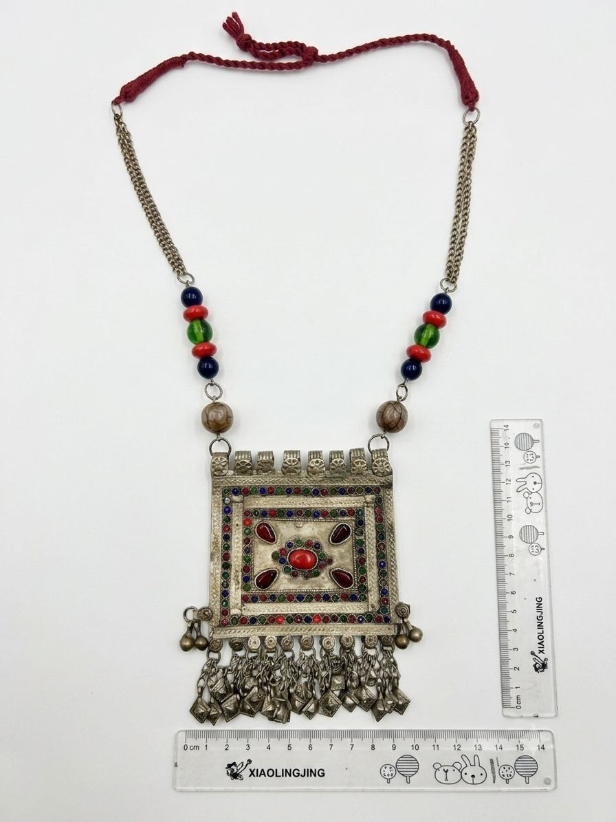 Afghan Kuchi Rectangle Multistone Chain Tassel Necklace