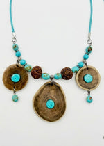 Tibetan Wood Ring Turquoise Rudraksha Bead Necklace