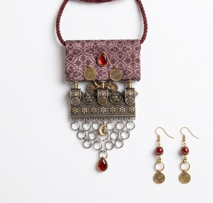 Fabric Tile Antique Gold Flower Ghungroo Necklace