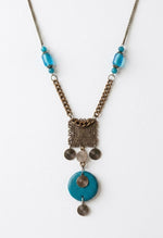 Antique Brass Filigree Square Turquoise Disc Long Necklace