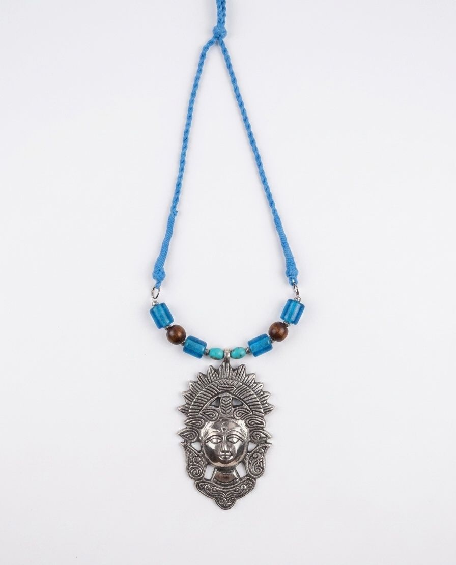 Oxidised Surya Devi Face Turquoise Bead Necklace