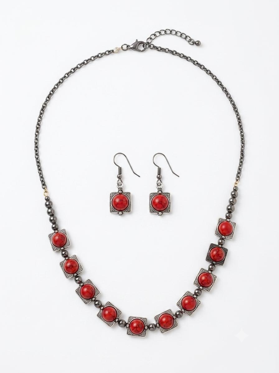 Surkhi Oxidised Silver Coral Stone Necklace Set