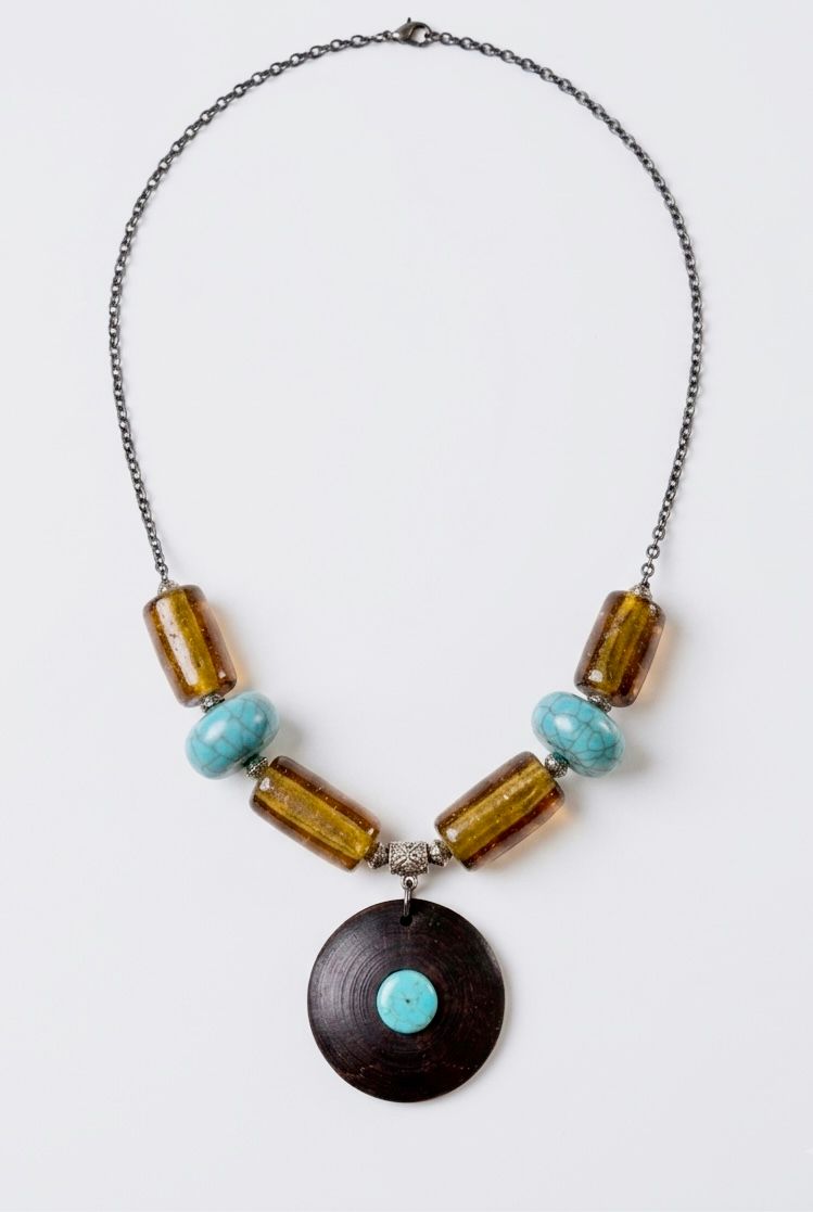 Dark Wood Disc Turquoise Stone Amber Glass Bead Necklace