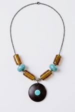 Dark Wood Disc Turquoise Stone Amber Glass Bead Necklace