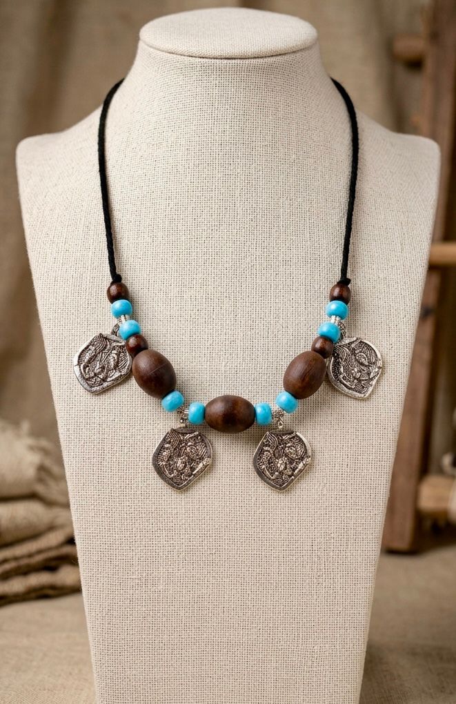 Afghan Oxidised Deity Shield Charm Wood Bead Necklace