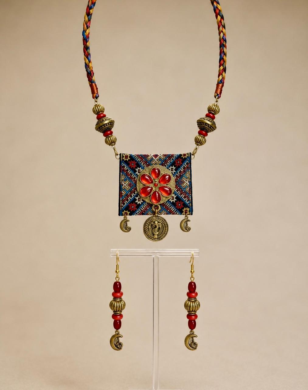Banjara Red Enamel Square Pendant Tribal Necklace Set for Women