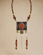 Banjara Red Enamel Square Pendant Tribal Necklace Set for Women