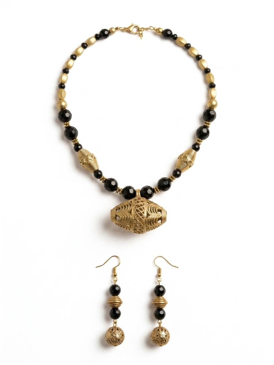 Kaveri Black Onyx Dhokra Brass Pendant Tribal Necklace Set for Women