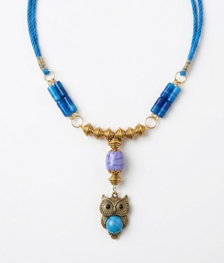 Antique Brass Owl Lapis Blue Bead Necklace
