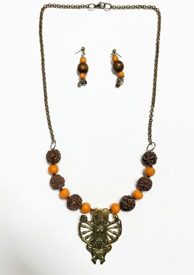 Brass Durga Multi-Arm Rudraksha Orange Bead Necklace