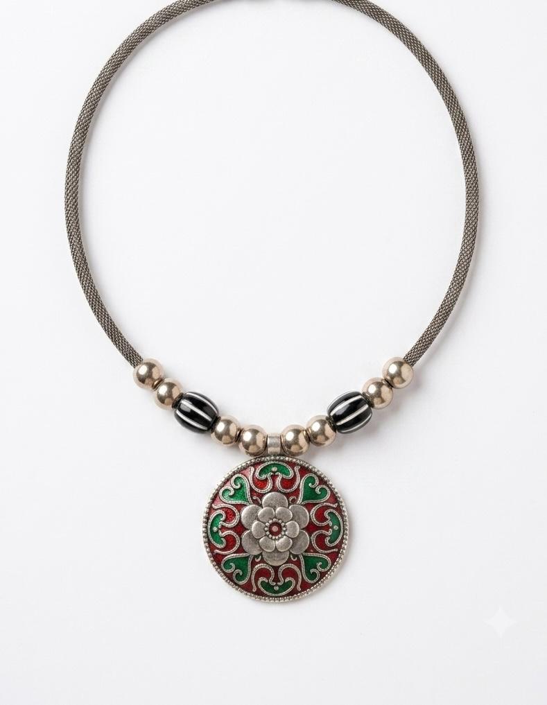 Meenal Oxidised Silver Enamel Mandala Torque Choker Necklace for Women