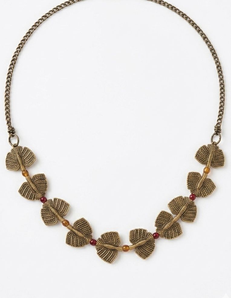 Antique Brass Leaf Garland Red Stone Necklace