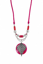 Zohra Pink Cord Silver Leaf Pendant Necklace