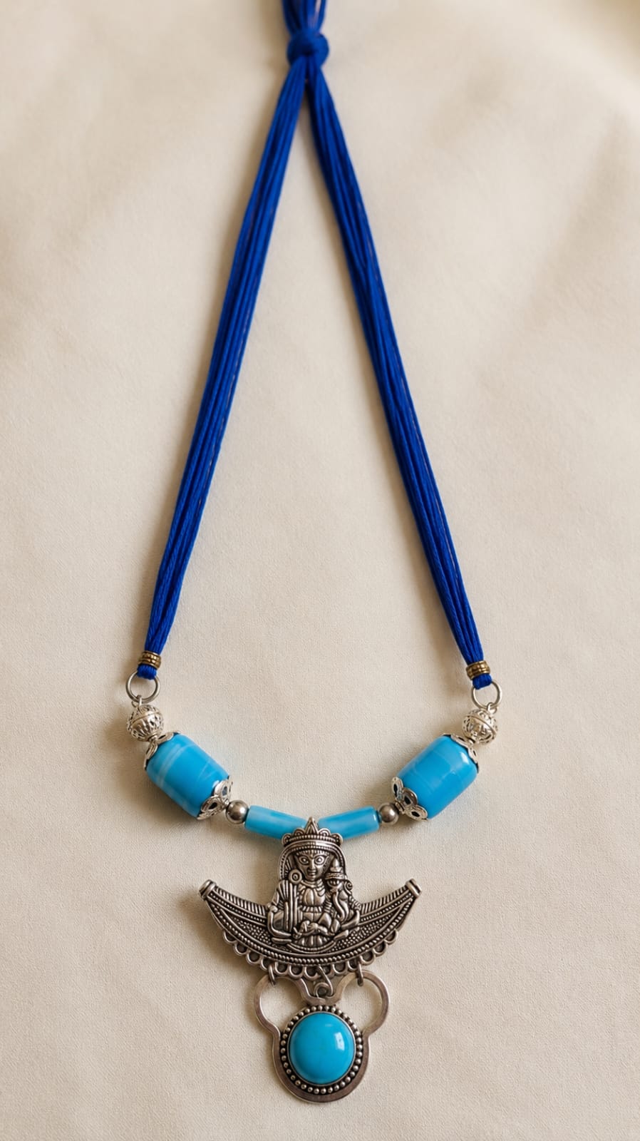 Oxidised Lakshmi Turquoise Barrel Bead Necklace