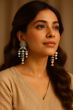 Chaand Saaz Danglers — Oxidised Dome Pearl Ghungroo Chandelier Earrings India