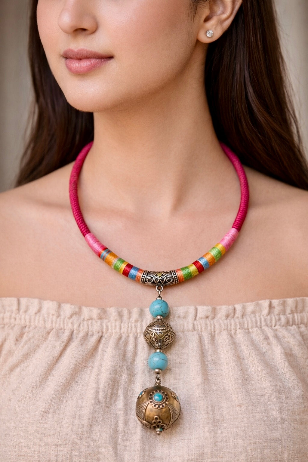 Rainbow Cord Ottoman Ball Pendant Necklace