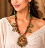 Antique Gold Temple Deity Pendant Necklace Set with Green & Red Beads