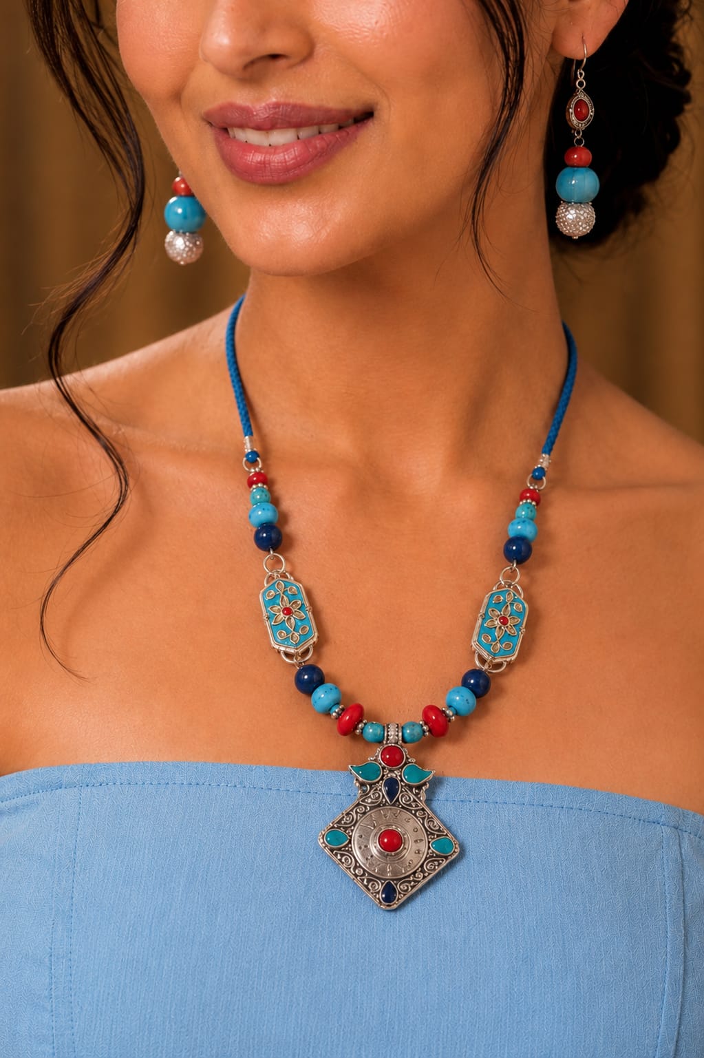 Tibetan Turquoise & Coral Silver Pendant Necklace Set