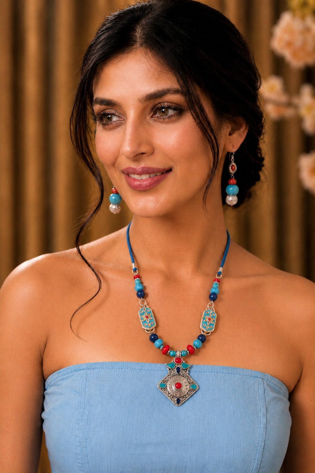 Tibetan Turquoise & Coral Silver Pendant Necklace Set