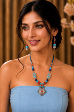 Tibetan Turquoise & Coral Silver Pendant Necklace Set