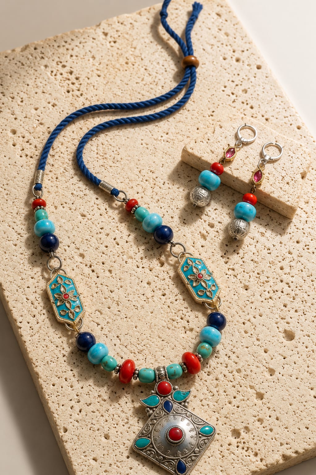 Tibetan Turquoise & Coral Silver Pendant Necklace Set