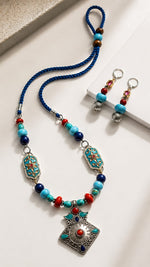 Tibetan Turquoise & Coral Silver Pendant Necklace Set