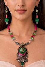 Dual-Tone Goddess Pendant Green & Pink Tribal Necklace Set — handcrafted temple jewellery set India by HeerMaya